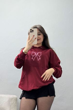 Kapşonlu 2 İplik Baskılı Sweat Bordo - 31304.1878.