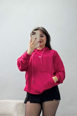2 İplik Kapşonlu Baskılı Sweatshirt Fuşya - 31315.1878.