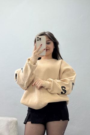 3 İplik Şardonlu Oversize Sweat Bej - 50918.1878.