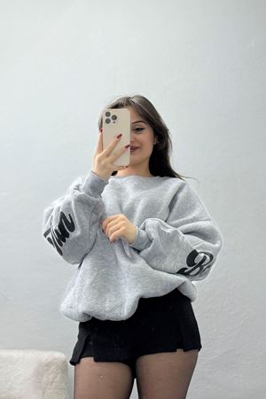 3 İplik Şardonlu Oversize Sweat Gri - 50921.1878.