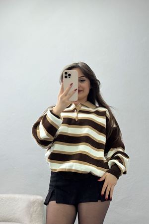 Çizgili Polo Yaka Triko Kahveekru - 70870.1765.