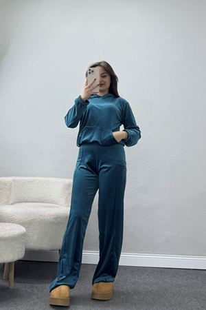 Kapşonlu Kadife Takım Petrol - 466.1287.