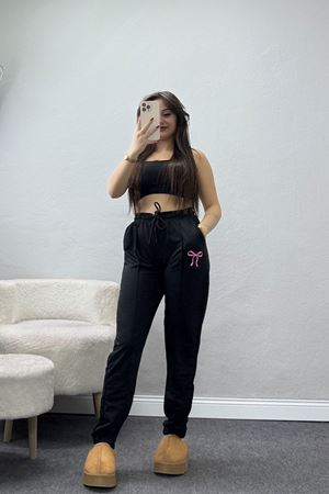 Baskılı Paça Lastik Eşofman Altı Siyahpembe - 41316.1431.