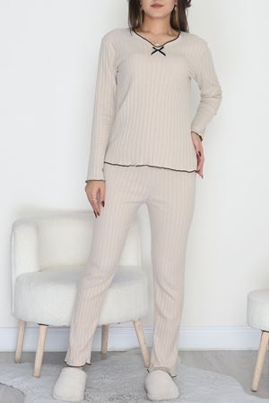 Fitilli İnterlok Kurdeleli Pijama Takımı Taş - 70796.1048.
