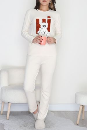 Nakışlı İnterlok Pijama Takımı Kırıkbeyaz - 800.1287.