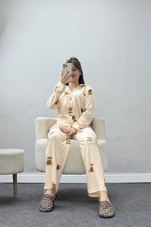 Düğmeli Süet Pijama Takımı Bejkahve1 - 450.1287.