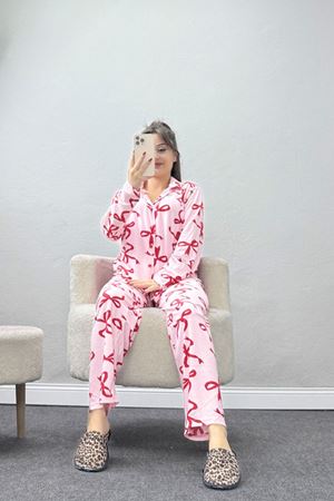 Düğmeli Süet Pijama Takımı Kırmızıtozpembe - 450.1287.