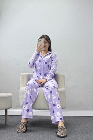 Düğmeli Süet Pijama Takımı Mortavşan - 450.1287.