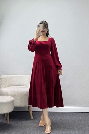 Çerçeve Yaka İthal Kadife Kloş Elbise Bordo - 42577.1949.