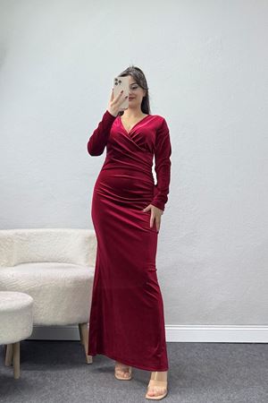 V Yaka İthal Kadife Elbise Bordo - 42578.1949.