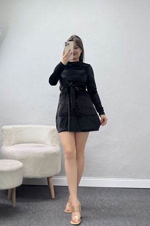 Kemer Detaylı İthal Kadife Elbise Siyah - 42581.1949.