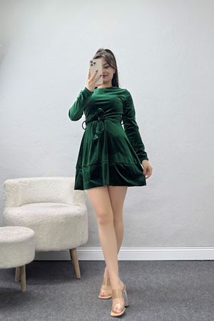 Kemer Detaylı İthal Kadife Elbise Zümrüt - 42581.1949.