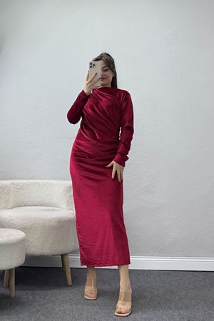 Drapeli İthal Kadife Elbise Bordo - 42583.1949.