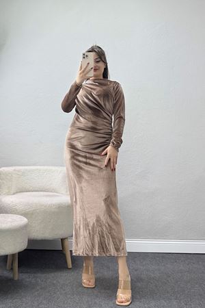 Drapeli İthal Kadife Elbise Kahve - 42583.1949.