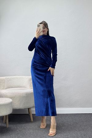 Drapeli İthal Kadife Elbise Saks - 42583.1949.