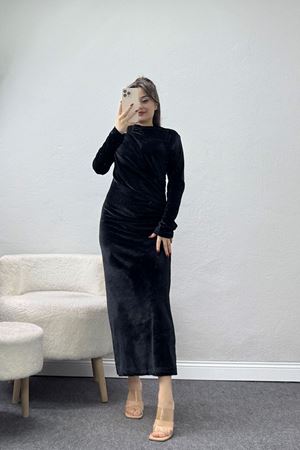 Drapeli İthal Kadife Elbise Siyah - 42583.1949.