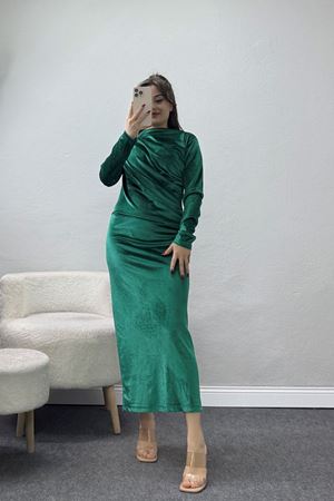 Drapeli İthal Kadife Elbise Zümrüt - 42583.1949.