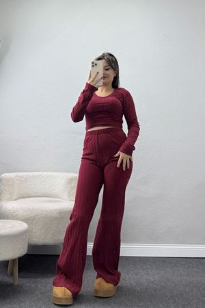 Parmak Geçmeli V Yaka İspanyol Pantolon Crop Takım Bordo - 90960.1748.