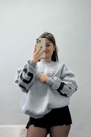 3 İplik Şardonlu Oversize Sweat Gri - 50923.1878.