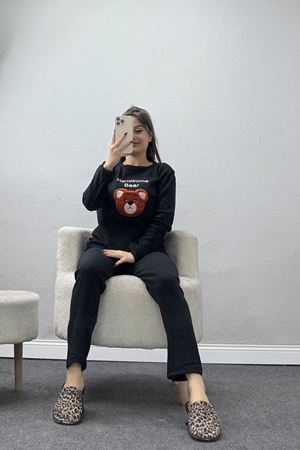 Nakışlı İnterlok Pijama Takımı Siyahoranj - 800.1287.