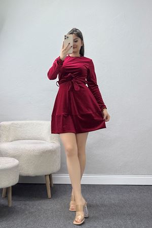 Kemer Detaylı İthal Kadife Elbise Bordo - 42581.1949.