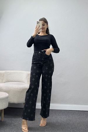 Taşlı Palazzo Kot Pantolon Füme - 31527.2001.