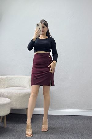 Dalgıç Kumaş Düğme Detaylı Mini Etek Bordo - 51045.1223.