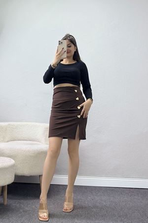 Dalgıç Kumaş Düğme Detaylı Mini Etek Kahve - 51045.1223.