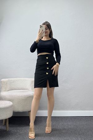 Dalgıç Kumaş Düğme Detaylı Mini Etek Siyah - 51045.1223.