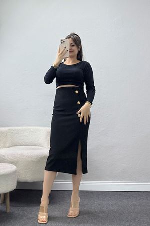 Ottoman Kumaş Düğme Detaylı Kalem Etek Siyah - 51046.1223.