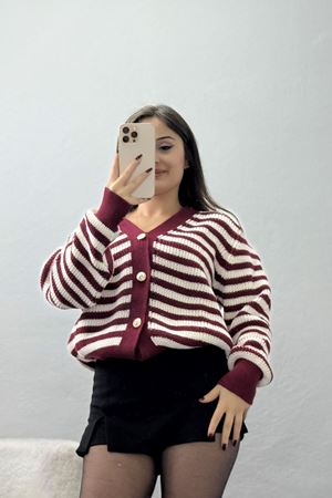 V Yaka Çizgili Hırka Bordolatte - 4038.1577.