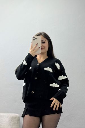 Şardonlu Düğmeli Hırka Siyahtaş - 31059.1766.