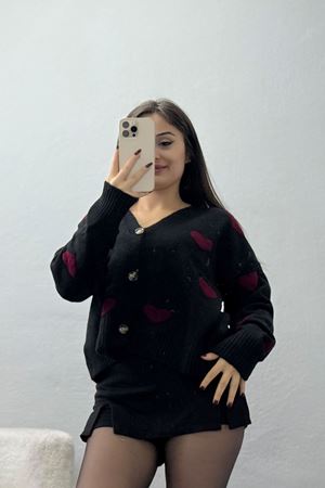 Şardonlu Kalp Desenli Hırka Siyahbordo - 31063.1766.