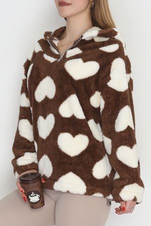 Welsoft Kumaş Kalpli Kapşonlu Fermuarlı Sweat Kahvebeyaz - 31608.308.