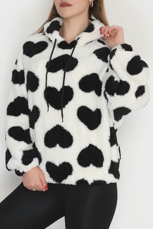 Welsoft Kumaş Kalpli Kapşonlu Crop Sweat Beyazsiyah - 31607.308.