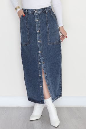 Düğmeli Kot Etek Çelikmavi - 31555.2088.
