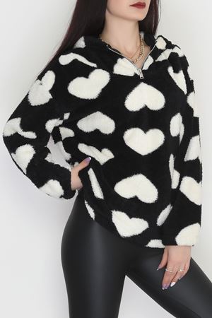 Welsoft Kumaş Kalpli Kapşonlu Fermuarlı Sweat Siyahbeyaz - 31608.308.