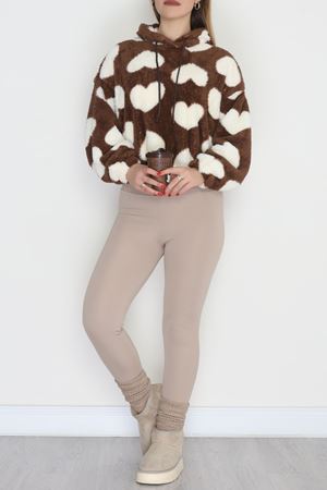 Welsoft Kumaş Kalpli Kapşonlu Crop Sweat Kahvebeyaz - 31607.308.
