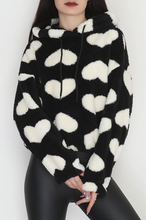 Welsoft Kumaş Kalpli Kapşonlu Crop Sweat Siyahbeyaz - 31607.308.