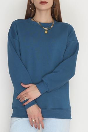 Bisiklet Yaka Üç İplik Sweat Petrol - 20138.1878.