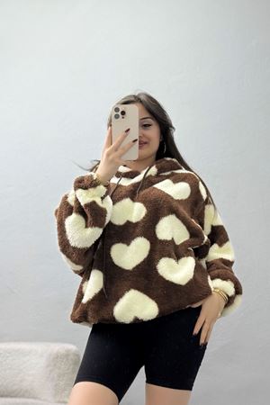 Welsoft Kumaş Kalpli Kapşonlu Sweat Kahvebeyaz - 31606.308.