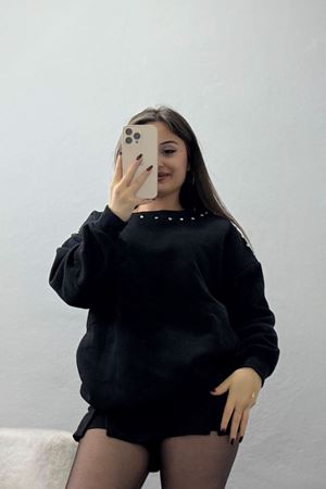 3 İplik Şardonlu Taşı Sweat Siyah - 42609.1878.