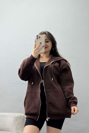 3 İplik Şardonlu Fermuarlı Kapşonlu Sweat Kahve - 52070.2113.