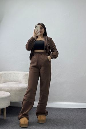 3 İplik Crop Palazzo Eşofman Takımı Kahve - 50914.1878.