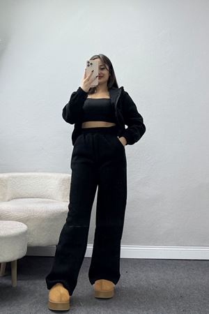 3 İplik Crop Palazzo Eşofman Takımı Siyah - 50914.1878.