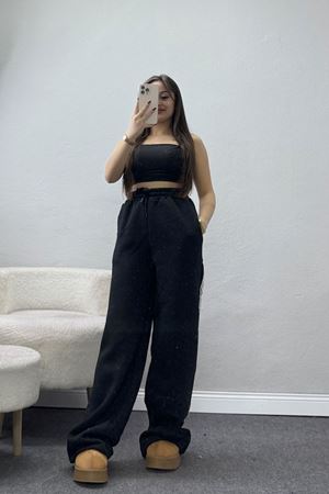 3 İplik Şardonlu Şeritli Eşofman Altı Siyah - 52023.1857.