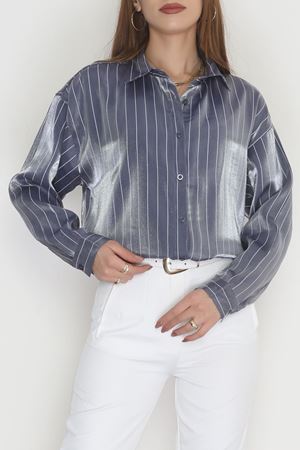 Çizgili Saten Oversize Gömlek Antrasit - 4009.1595.