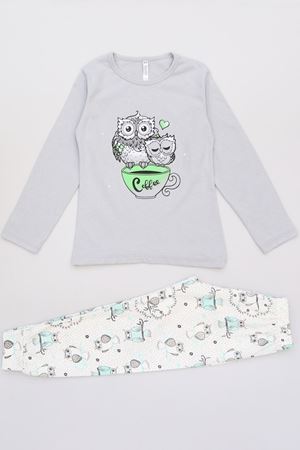 6-14 Yaş Baskılı Çocuk Pijama Takımı Griyeşil - 40101.1931.