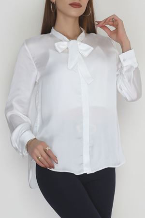 Yaka Bağlamalı Saten Gömlek Beyaz - 20002.1595.