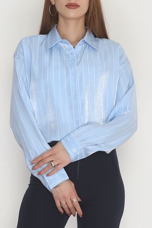 Çizgili Saten Oversize Gömlek Mavi - 4009.1595.